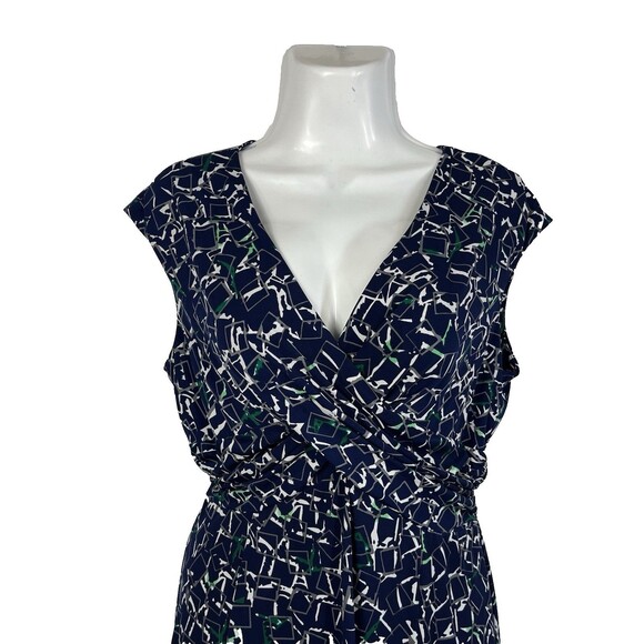 Chaps Faux Wrap Dress Large Navy & Green Abstract Print Sleeveless Church Career - Picture 4 of 6